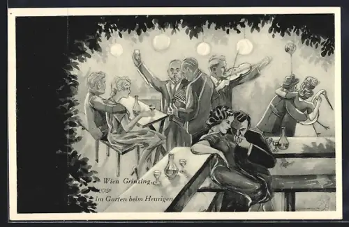 Künstler-AK Wien, Im Garten beim Heurigen in Grinzing