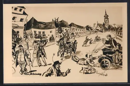 AK Wien-Grinzing, Betrunkene Männer und Frauen auf dem Heimweg vom Heurigen