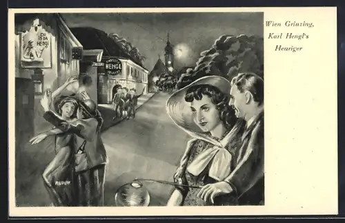 AK Wien-Grinzing, Karl Hengl's Heuriger Gasthaus mit Besuchern