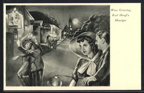 Künstler-AK Wien, Grinzing, Gasthaus Karl Hengls Heuriger und Strasse mit feiernden Paaren, mit Kirche