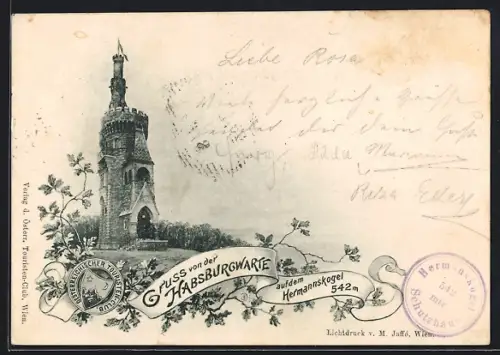 AK Wien, Habsburgwarte auf dem Hermannskogel, Logo Österr. Touristen-Club, Eichenzweige