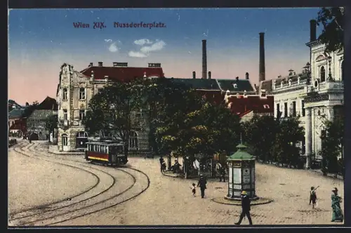 AK Wien, Strassenbahn auf dem Nussdorferplatz, Vespasienne