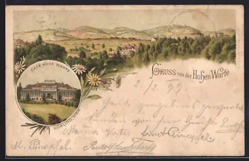 Lithographie Wien, Döbling, Cafe Hohe Warte, Gebäude und Umgebungs-Panorama, Blumen