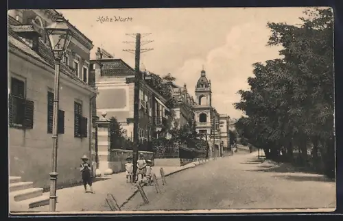 AK Wien, Hohe Warte, Strassenpartie mit Turmgebäude, Kindergruppe