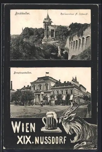 AK Wien, Nussdorf, Gasthaus Brockkeller F. Schmid von oben, Gasthaus Brauhaushallen mit Strasse, Bier u. Ziegenbock