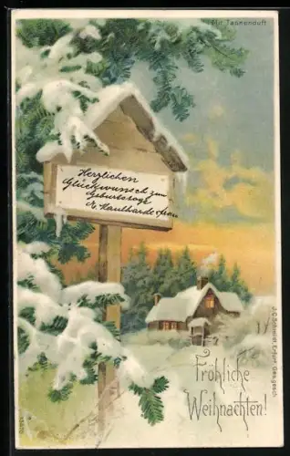 Duft-AK Schneebedeckte Tannenzweige mit idyllischer Landschaft