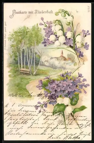 Duft-AK Landschaft mit Birken, Maiglöckchen und Flieder, Pfingstgruss