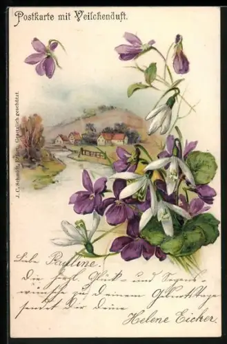 Duft-AK Veilchen mit idyllischer Landschaft