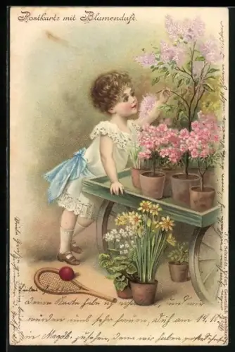 Duft-AK Kleines Mädchen mit Tennisschläger und Blumentöpfen