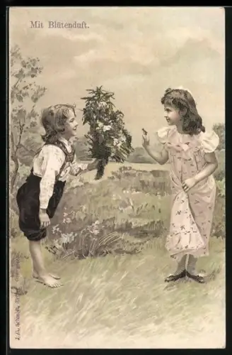 Duft-AK Hübsches Kinderpaar mit Blumenstrauss