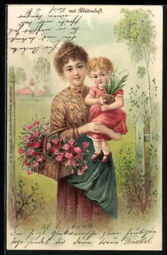 Duft-AK Mädchen und Mutter mit Korb voller Blumen