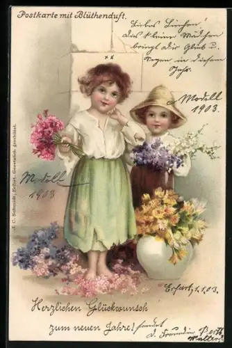 Duft-AK Kinder mit vielen bunten duftenden Blumen