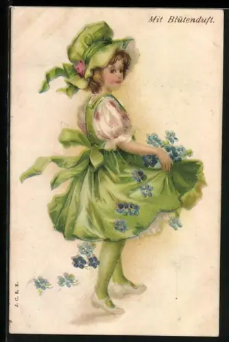 Duft-AK Mädchen in grünem Kleid mit Blüten