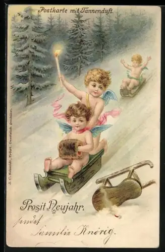 Duft-AK Neujahrsengel bei rasanter Schlittenfahrt