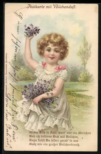 Duft-AK Kleines Mädchen mit Veilchen auf einer Wiese