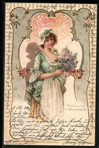 Duft-AK Junge Frau mit Blumenstrauss