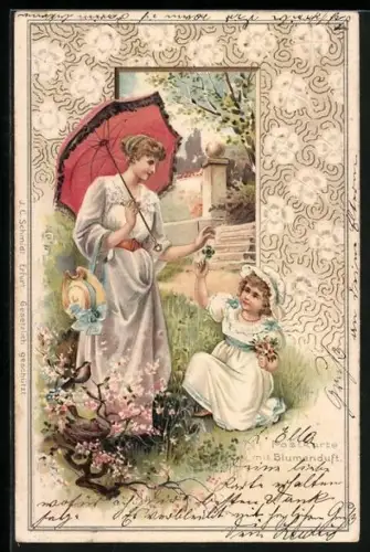 Duft-AK Frau mit ihrer Tochter und Sonnenschirm im Park