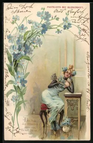 Duft-AK Elegante Damen mit Blumen an einem Tisch