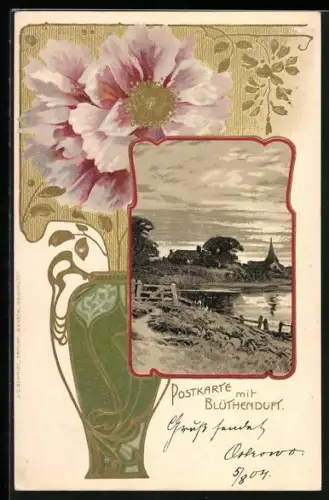 Duft-AK Vase mit Blumen und idyllische Landschaft