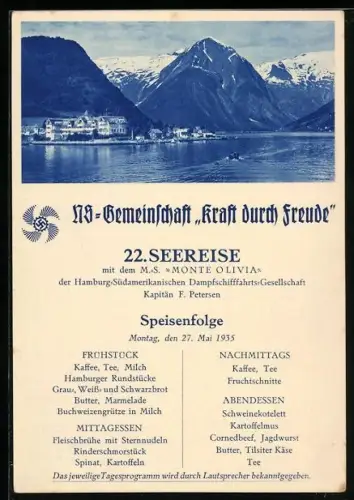 AK 36. Seereise des Passagierschiff M.S. Monte Olivia 1935, KdF, Menükarte