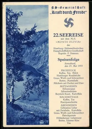 AK 22. Seereise 1935 mit dem Passagierschiff MS Monte Sarmiento, KdF, Menükarte