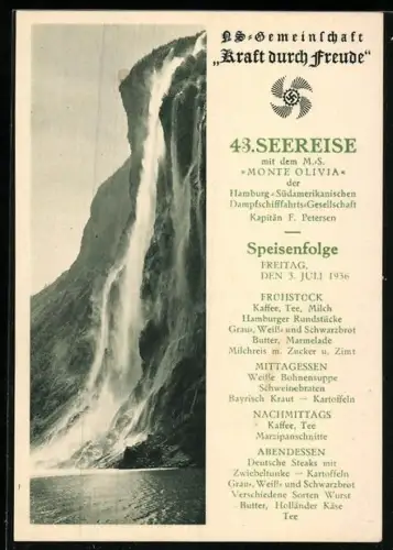 AK Passagierschiff MS Monte Olivia, 43. Seereise 1936, KdF, Menükarte