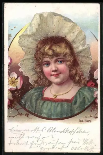 Glitzer-Perl-AK Blondes Mädchen mit Haube