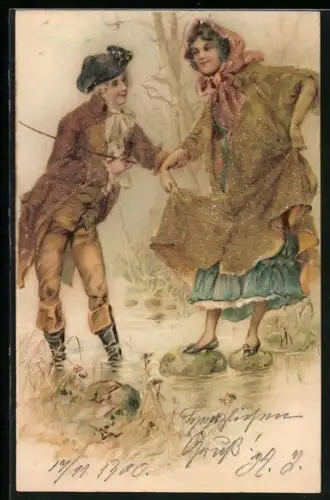 Glitzer-Perl-AK Liebespaar an einem Bach