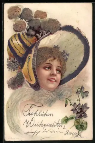 Glitzer-Perl-AK Junge Frau mit grossem Hut