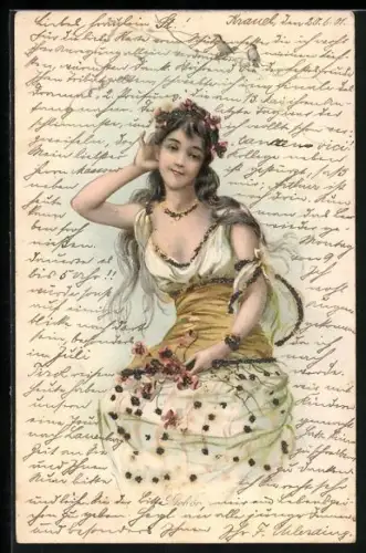 Glitzer-Perl-AK Junge Dame mit Blumen im Haar