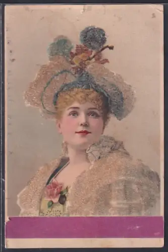 Glitzer-Perl-AK Hübsche Dame mit Hut