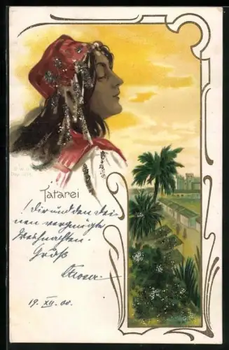 Glitzer-Perl-AK Frau mit traditioneller Kopfbedeckung