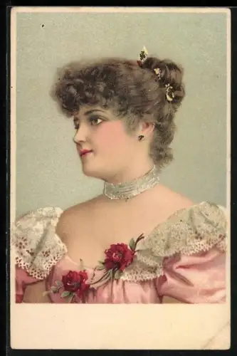 Glitzer-Perl-AK Junges Mädchen mit enganliegendem Halsschmuck und Rosen am Kleid