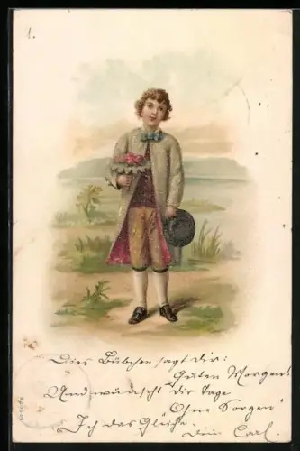 Glitzer-Perl-AK Knabe mit Blumenstrauss