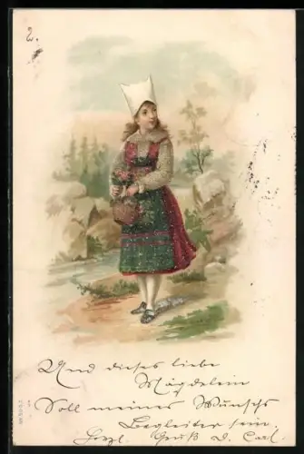 Glitzer-Perl-AK Frau in Tracht