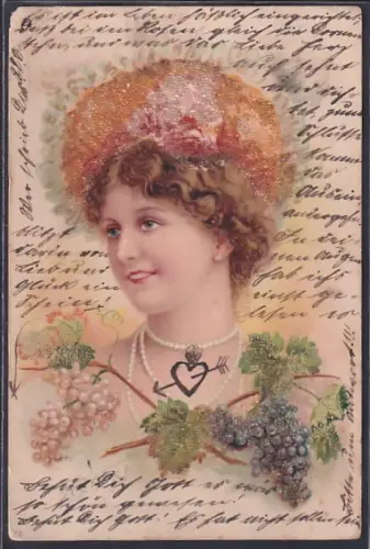 Glitzer-Perl-AK Hübsche Dame mit Perlenkette