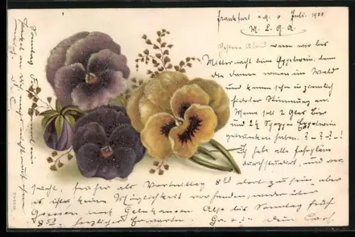 Glitzer-Perl-AK Violette und gelbe Stiefmütterchen