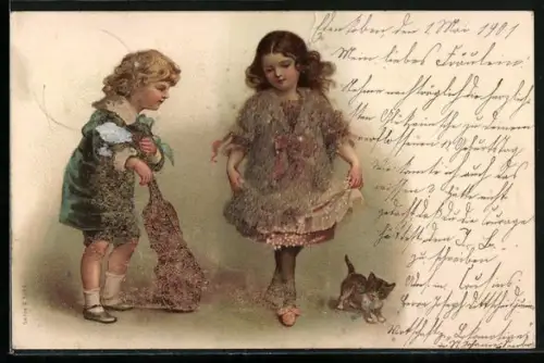 Glitzer-Perl-AK Kinder mit Geige und Katze