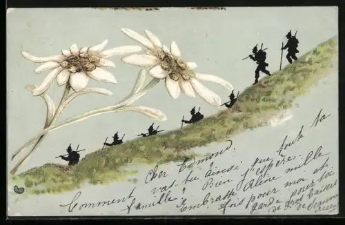 Glitzer-Perl-AK Wanderer mit Edelweiss