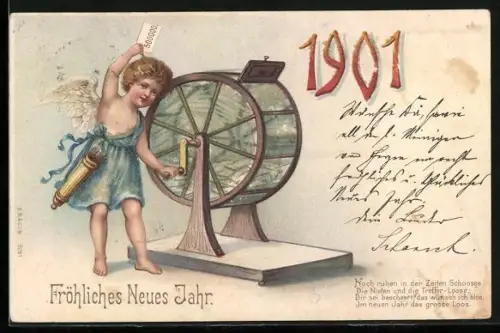 Glitzer-Perl-AK Neujahrsengel zieht die Losnummern der Neujahrstombola 1901