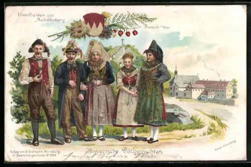 Glitzer-Perl-AK Bayerische Volkstrachten aus Unterfranken und Aschaffenburg