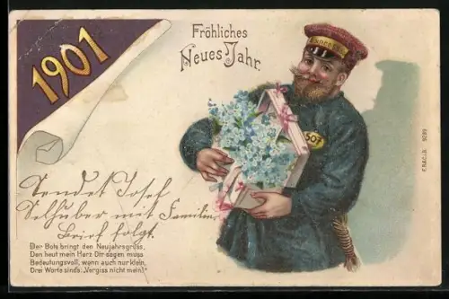 Glitzer-Perl-AK Expressbote bringt Blumen, Jahreszahl 1901