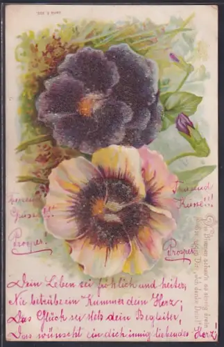Glitzer-Perl-AK Bunt blühende Blumen