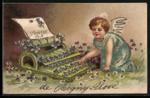 Glitzer-Perl-AK Kleiner Engel mit Vergissmeinnicht-Schreibmaschine