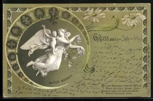 Glitzer-Perl-AK Schwebender Engel lässt Blumen fallen