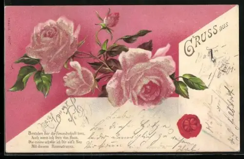 Glitzer-Perl-AK Blühende rosa Rosen