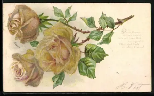 Glitzer-Perl-AK Blühende gelbe Rosen