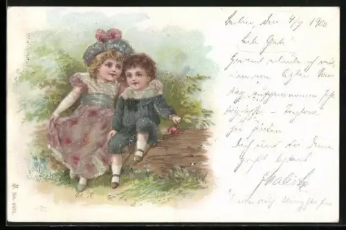 Glitzer-Perl-AK Kinder sitzen auf einem Baumstamm