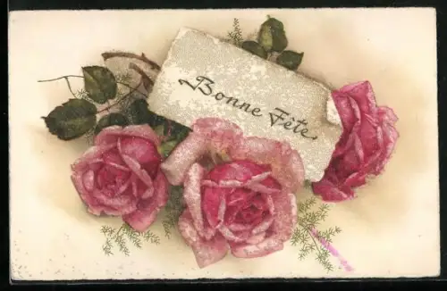 Glitzer-Perl-AK Blühende rosa Rosen