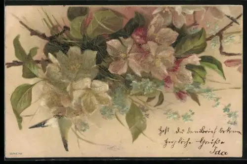 Glitzer-Perl-AK Blühende Blumen und Schmetterling